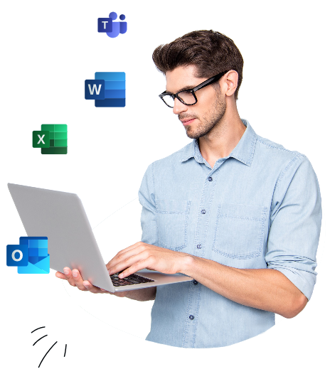 Homme sur ordinateur portable avec des icônes MS Office flottant autour de lui